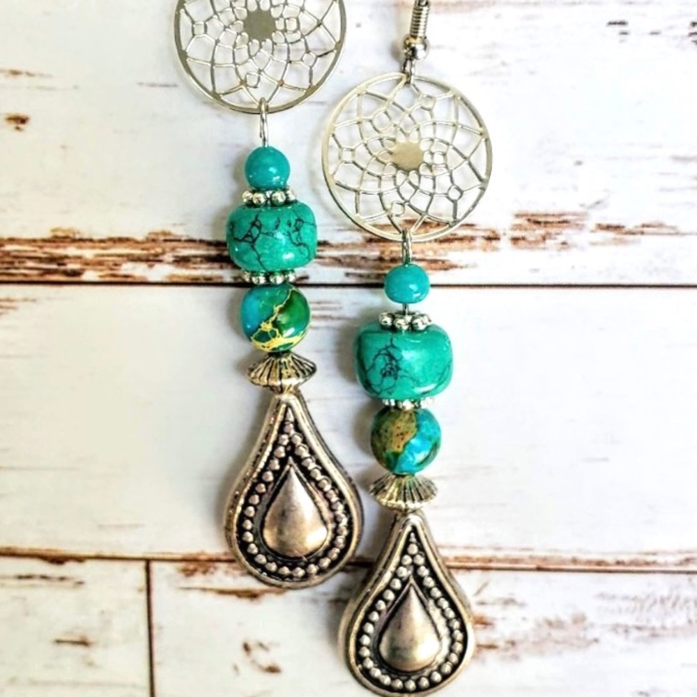 Southwestern Silver Dream Catcher Turquoise Beaded Earrings